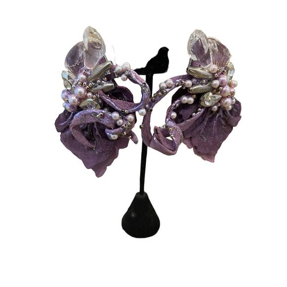 Earrings purple lavender beads clip -pearls - - Picture 1 of 3